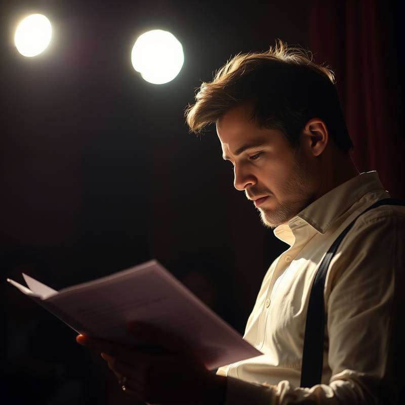 Ein Schauspieler, der nachdenklich in einem Drehbuch liest.