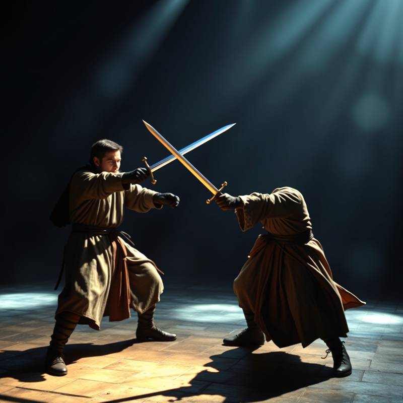 Zwei Schauspieler in mittelalterlicher Kleidung, die sich mit Schwertern auf einer Bühne duellieren.
